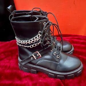 Black Combat Boots with Silver Chain